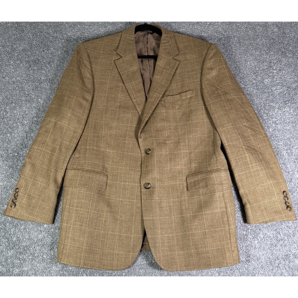 Jos A Bank Tan Brown Silk/Wool/Linen Herringbone Windowpane Blazer Jacket 43R